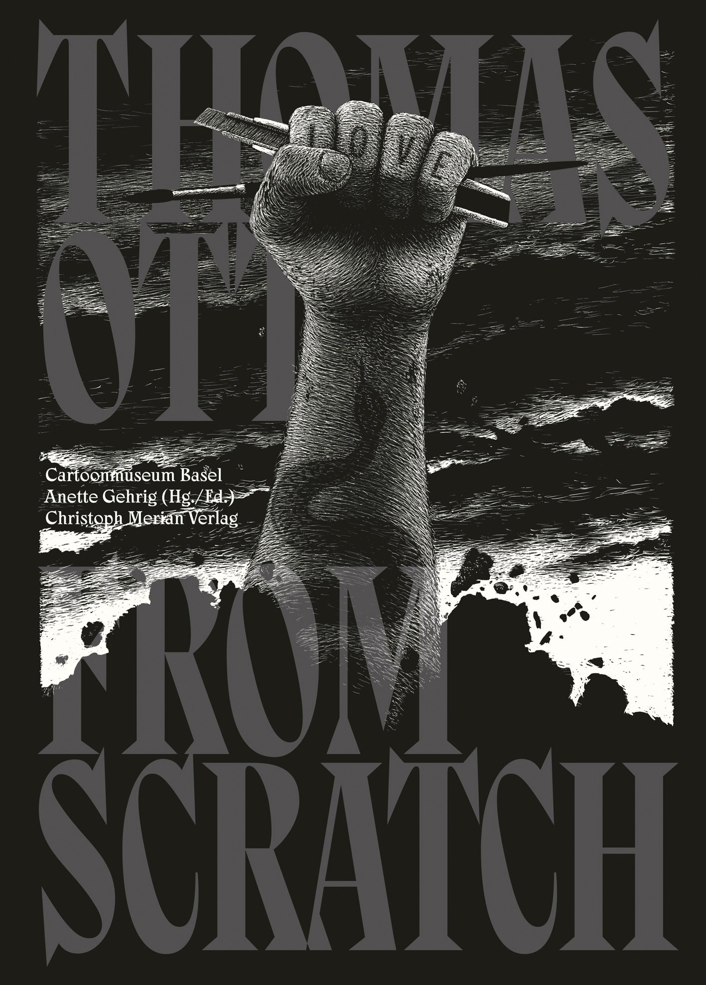 Cover Katalog zur Ausstellung From Scratch von Thoomas Ott - schwarz, weiss, Hand mit Schreibwerkzeug