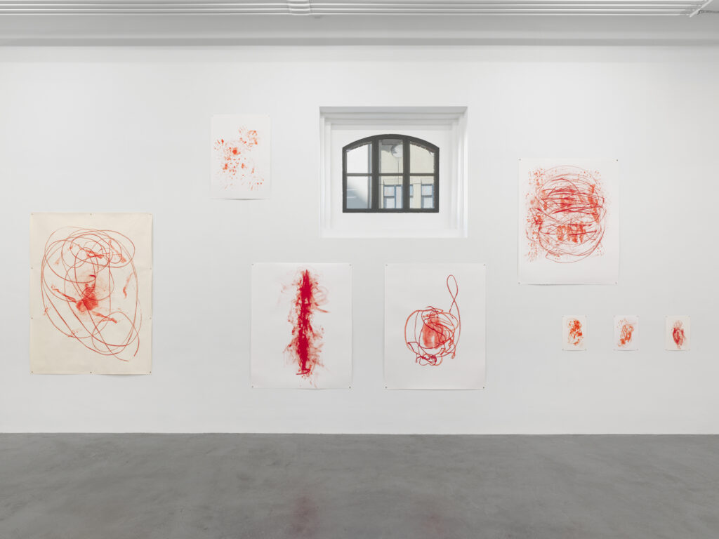 Sophie und Karl Binding Stiftung | Binding Sélection d’Artistes Ausstellungsansicht, 8 Werke von Katja Schenker, Zeichnungen in Rottönen, Raumfenster